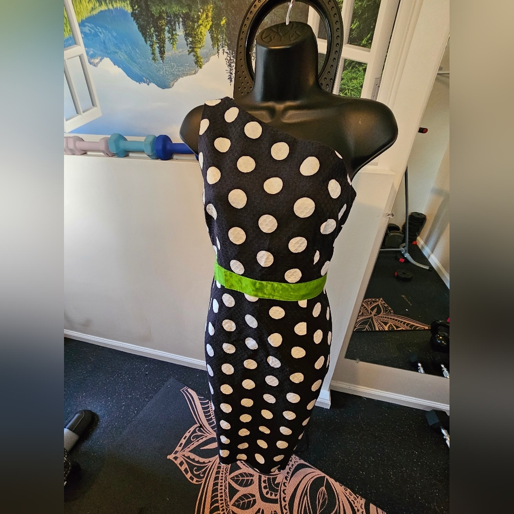 David Meister Black and White Polka Dot One Shoulder Dress - Size 6